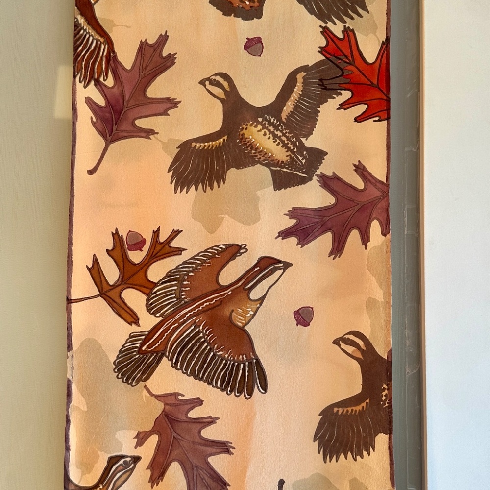 Handmade Silk Scarf, Original Design One-of-a-Kind Quails Grouse Leaves Tan - Picture 3 of 9